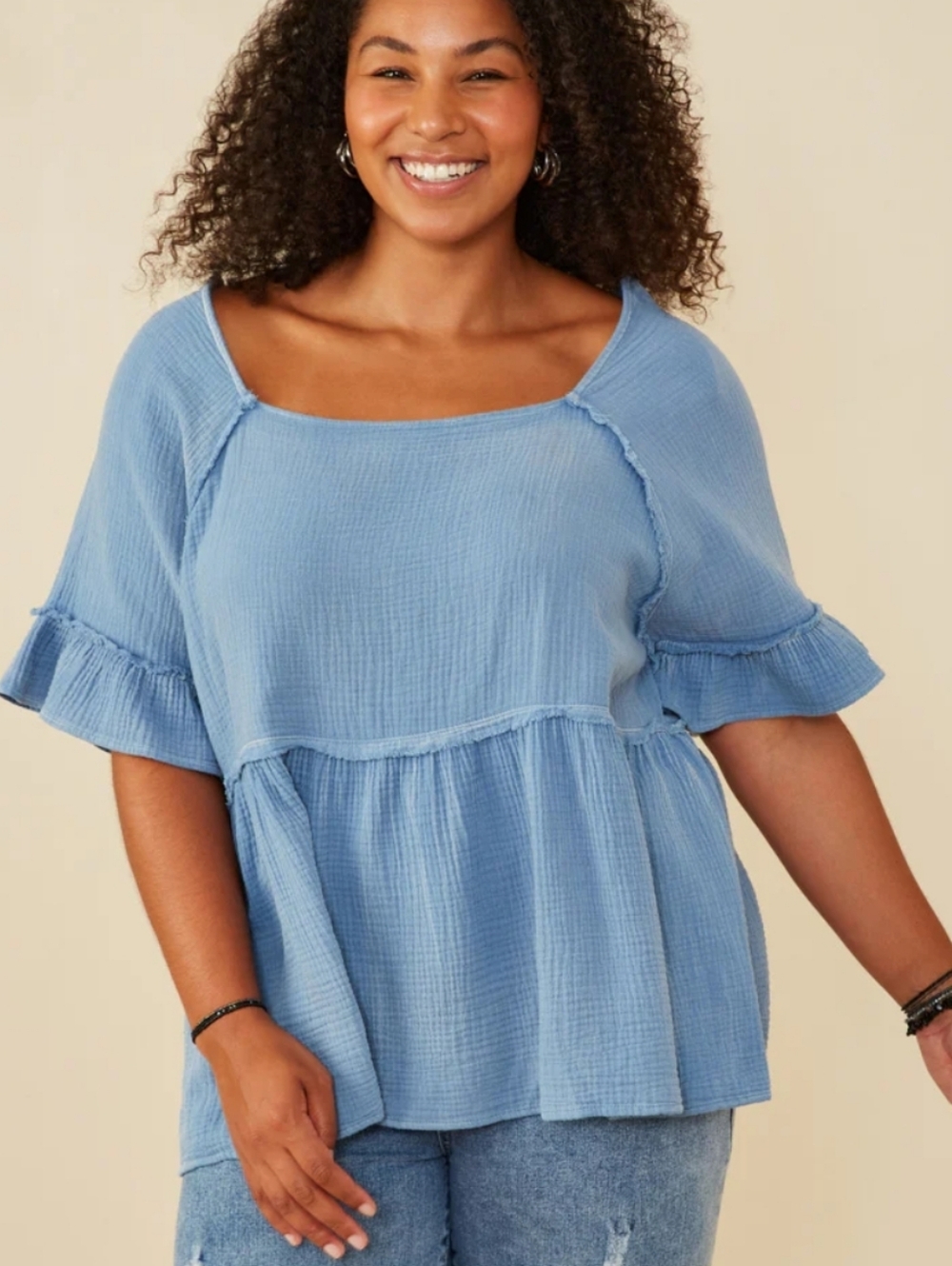Hayden LA Washed Gauze Textured Fray Top
